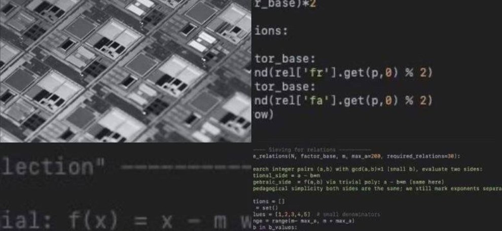 Silicon die micrograph beside C exploitation and factoring code — memory safety reference