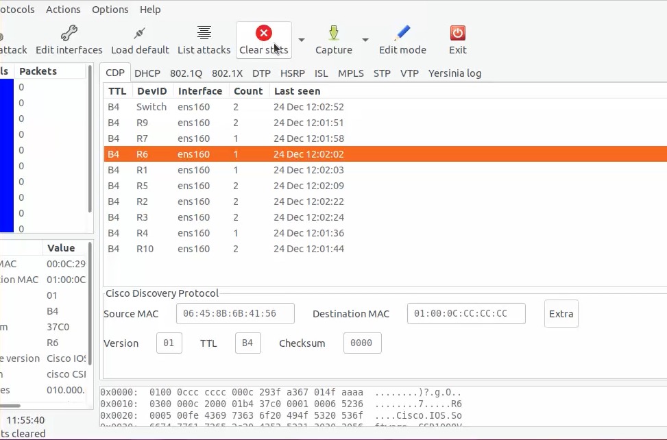 A Layer 2 attack tool showing the CDP tab filling with fabricated Cisco Discovery Protocol neighbours on a lab interface