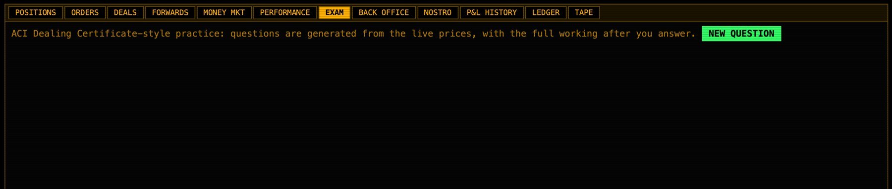 Exam tab presenting a multiple-choice question built from live simulator prices