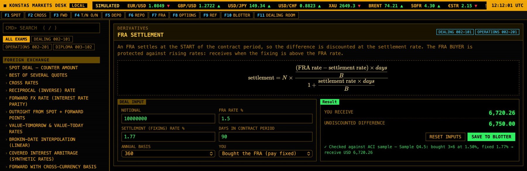 Formula desk showing the FRA settlement calculator with the formula, deal inputs and the result You receive 6,720.26