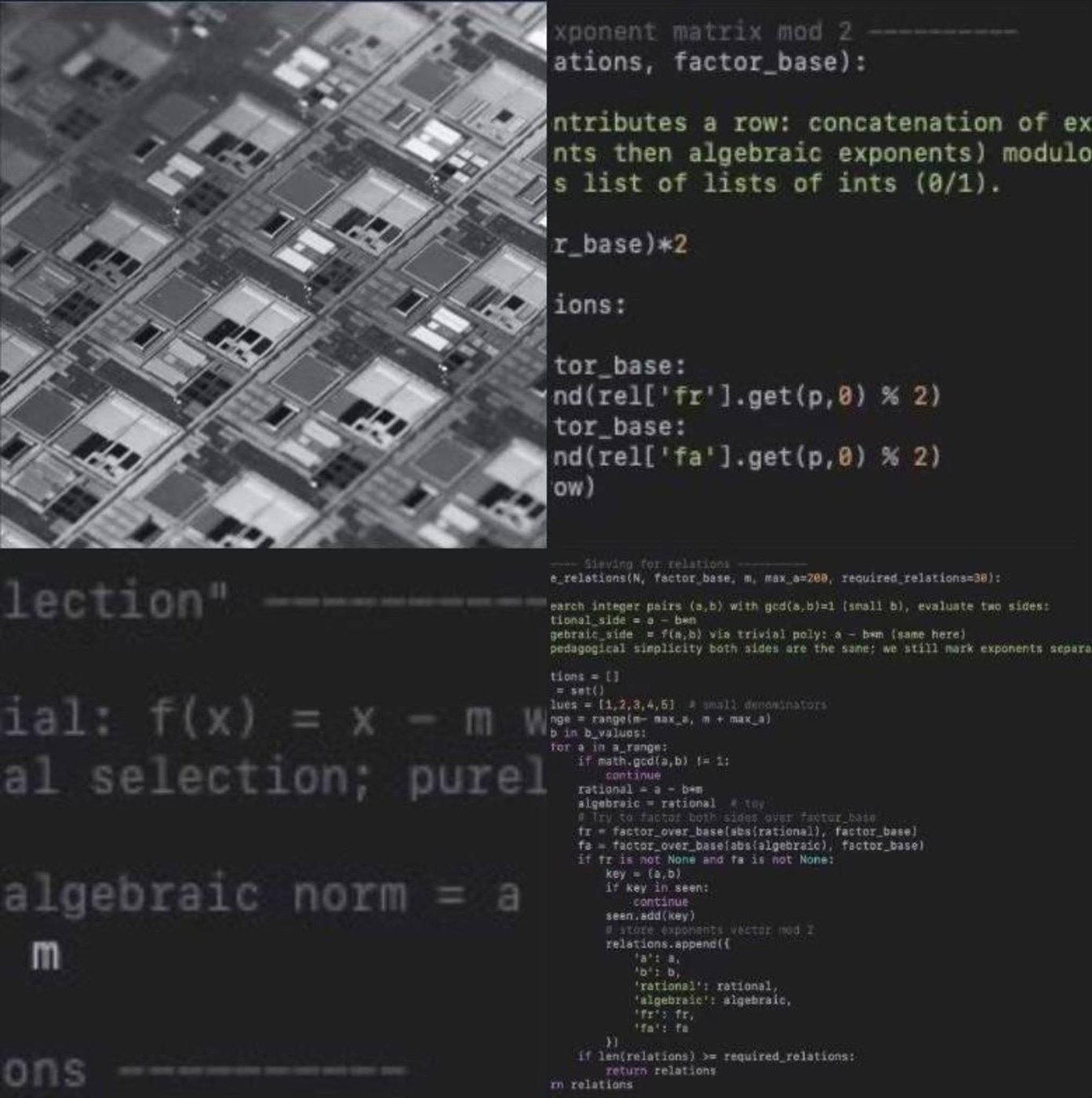 Collage of a silicon chip die under magnification and source code on a dark screen
