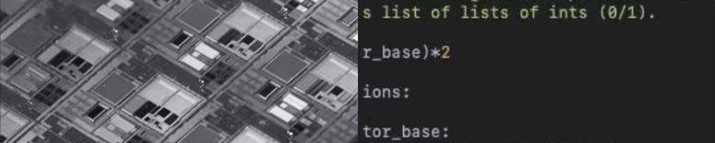 Close-up of an integrated circuit beside source code